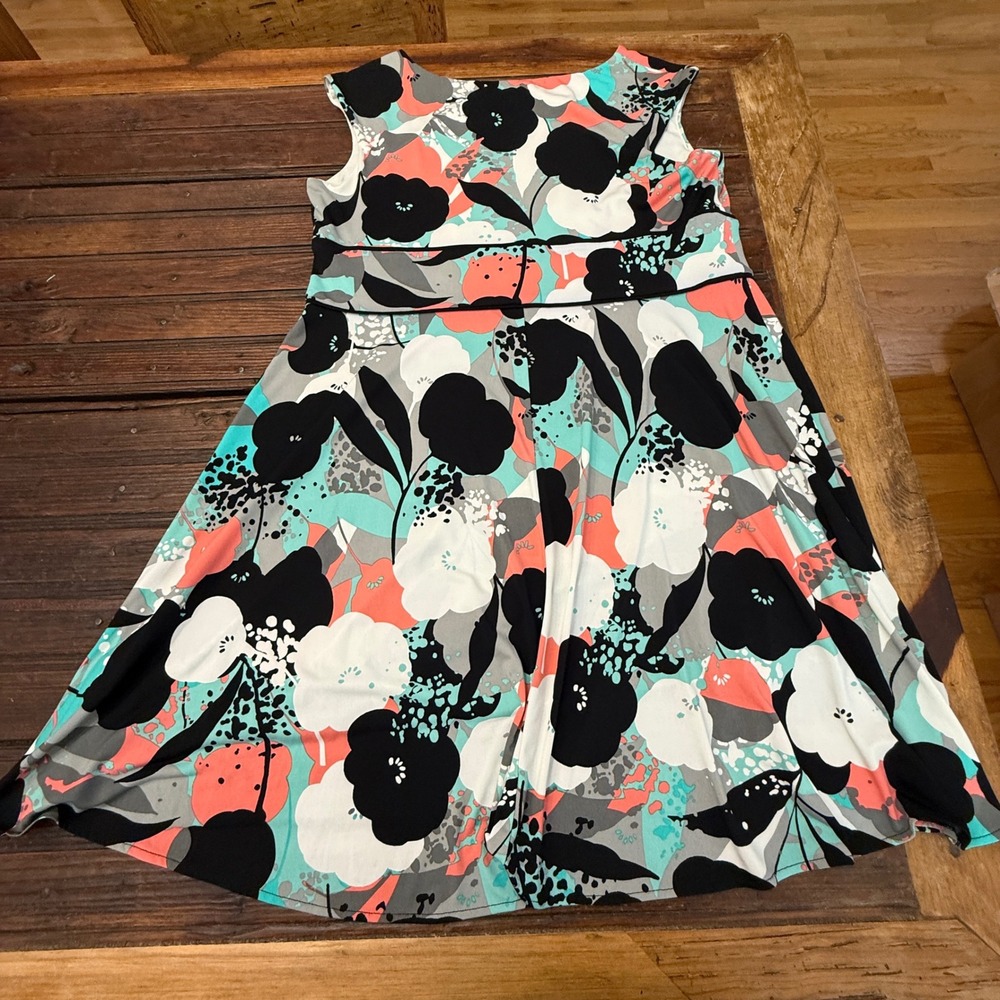 Dressbarn Women 16W Floral Empire Waist Sleeveless Fit Flare Dress Teal Coral - Picture 5 of 7
